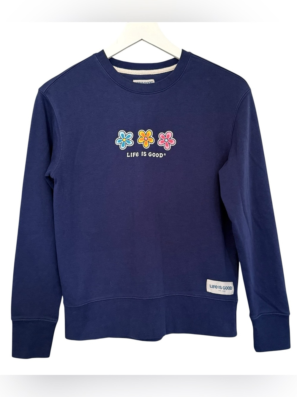 Life Is Good Sweatshirt Women’s XS Blue Floral Graphic Fleece Crewneck Casual